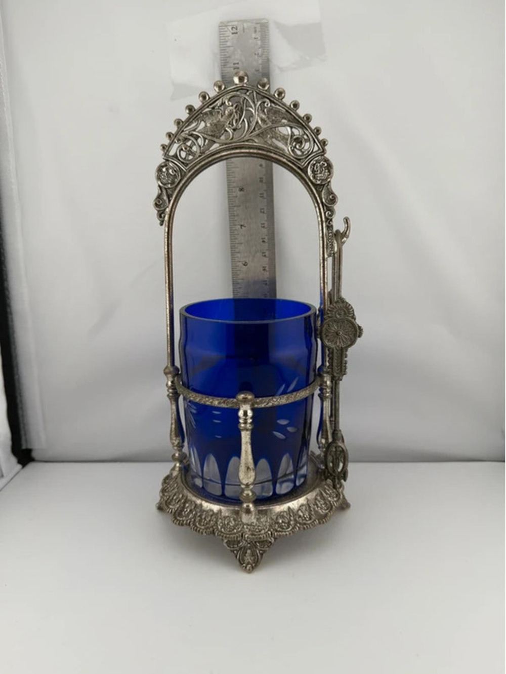 Vintage Cobalt Blue Glass Pickle Castor Jar with Ornate Holder & Tongs